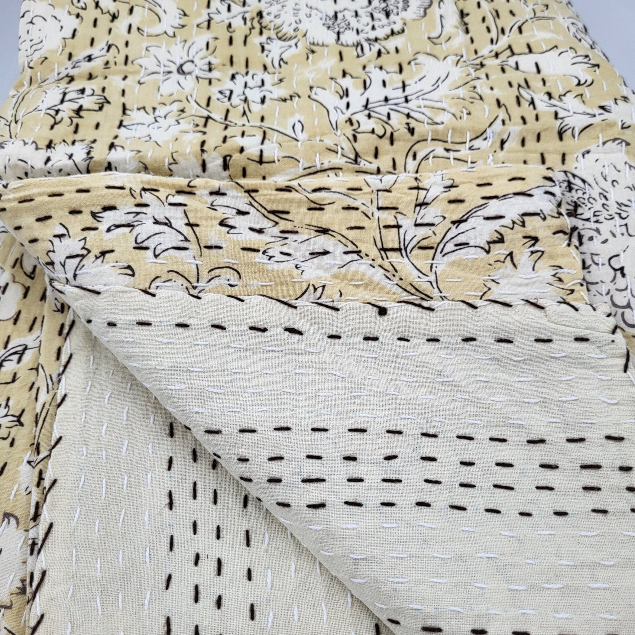 Indian Flower ivory kantha bedspread, hand stitched cotton, detail view