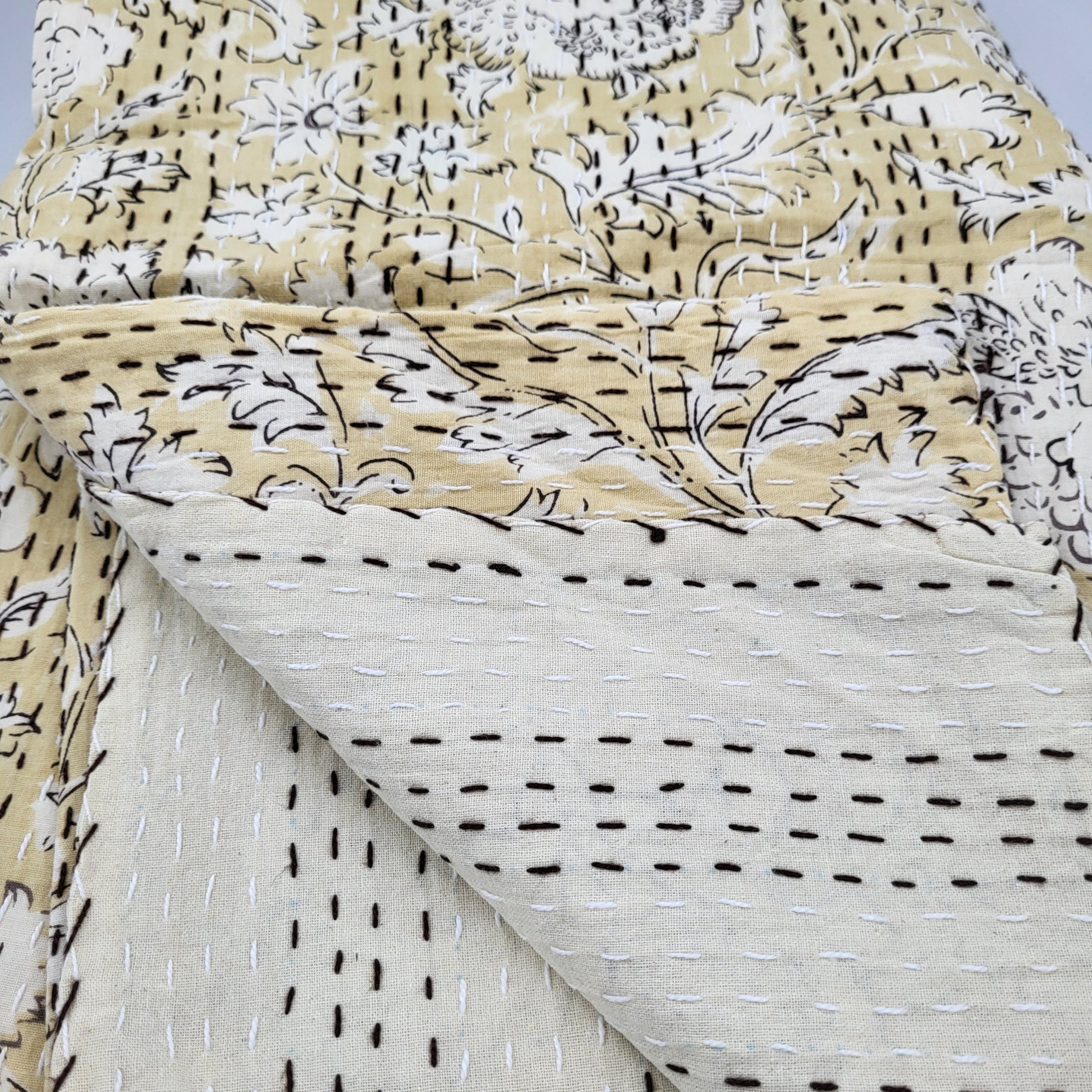 Indian Flower ivory kantha bedspread, hand stitched cotton, detail view