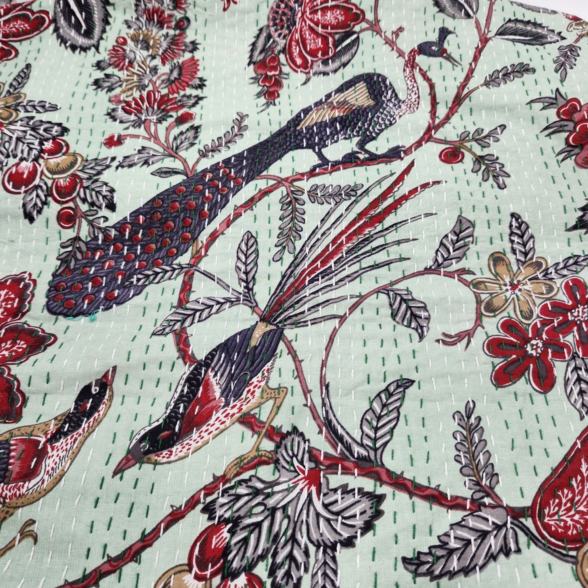 Peacock print kantha throw and bedspread, mint, hand stitched cotton, 225 x 275 cm