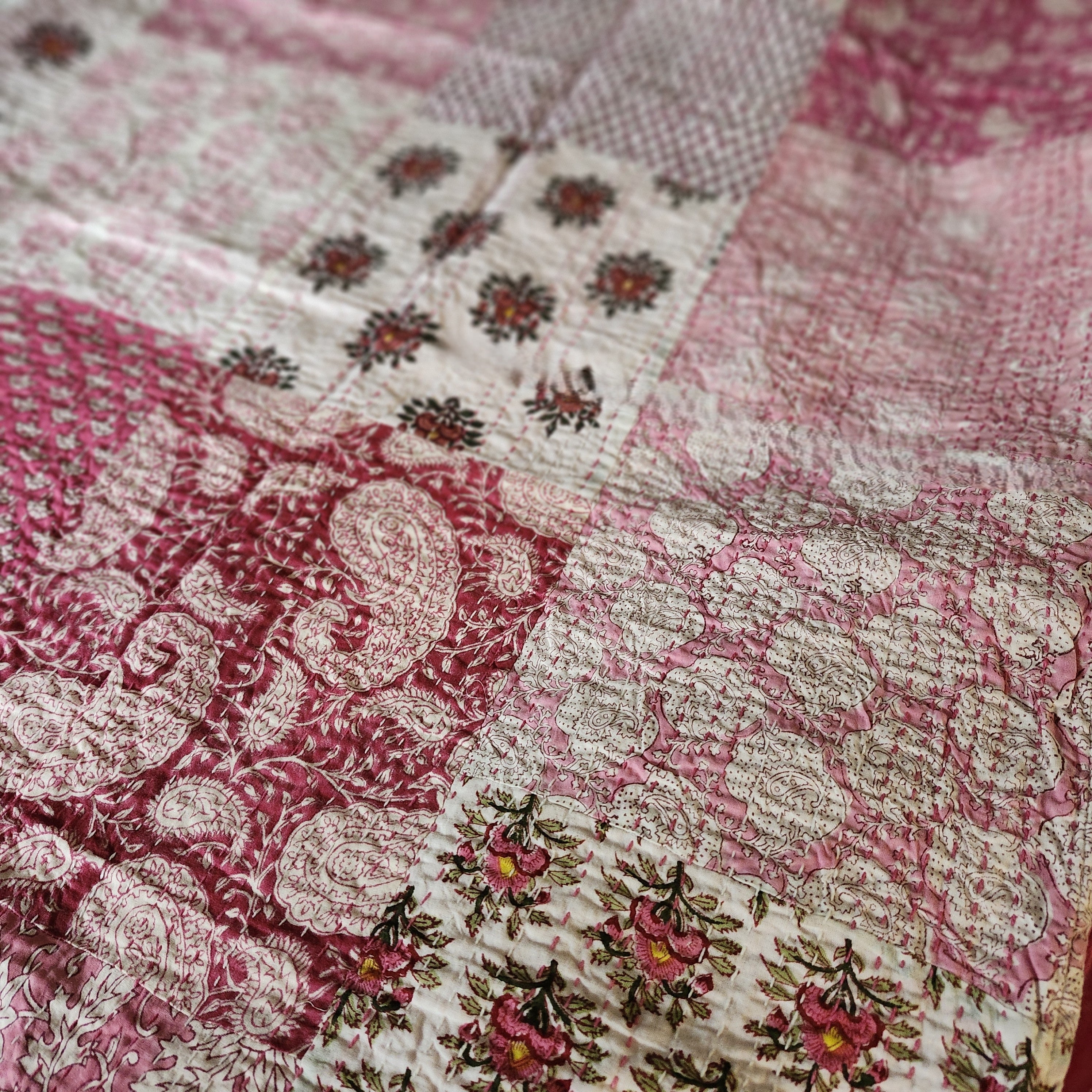 Pink patchwork kantha throw, floral block print, hand stitched cotton, 150 x 225 cm