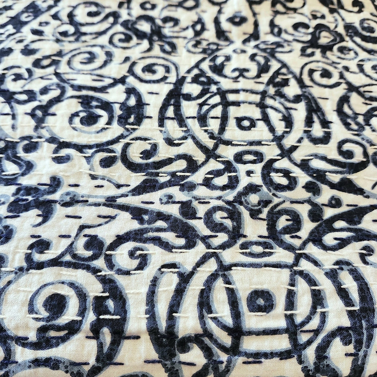 Blue and white kantha single quilt in hand stitched cotton block print, 150 by 225cm, machine washable.