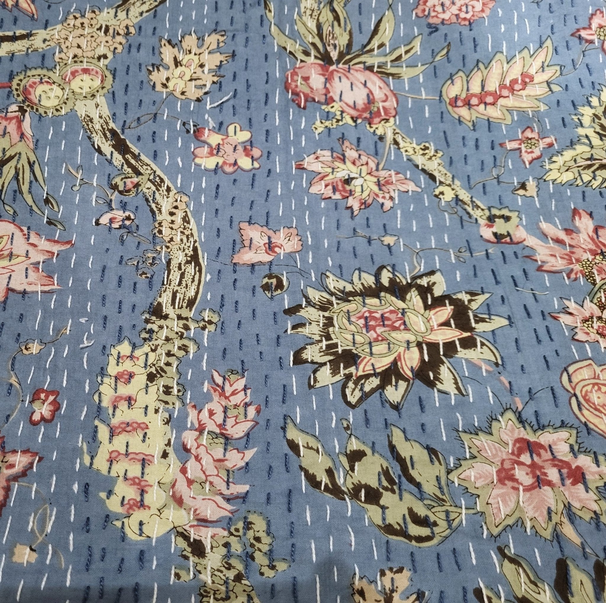 Floral kantha single bedspread, blue, hand stitched cotton