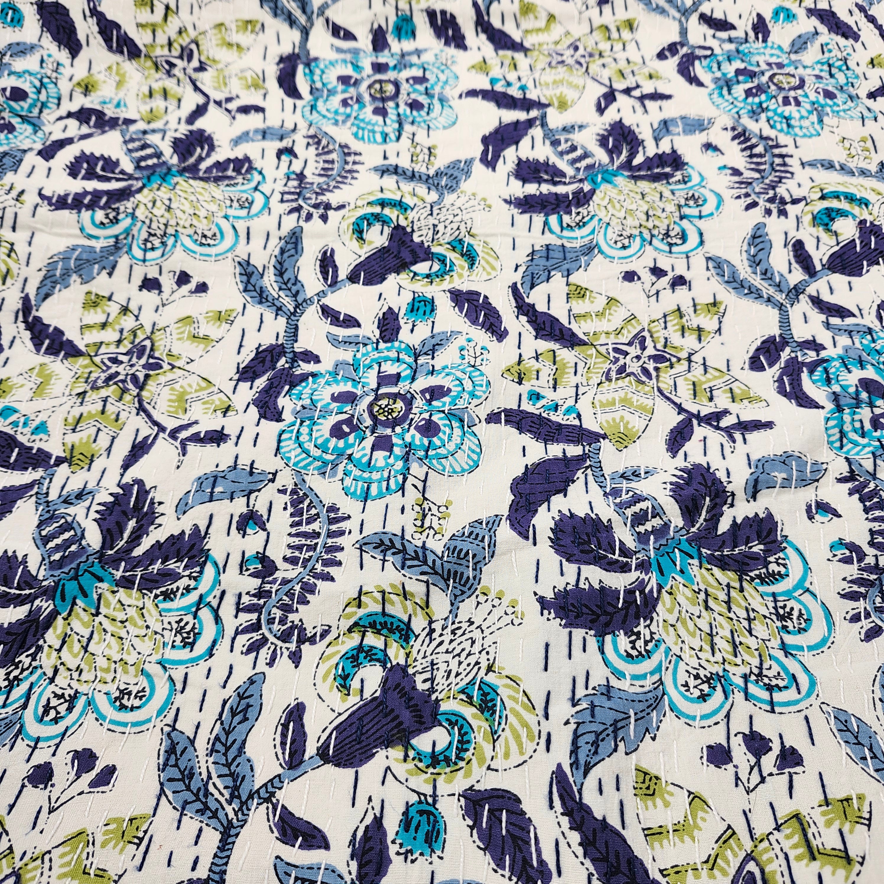 Turquoise floral kantha throw and bedspread, hand stitched cotton, 225 x 275 cm