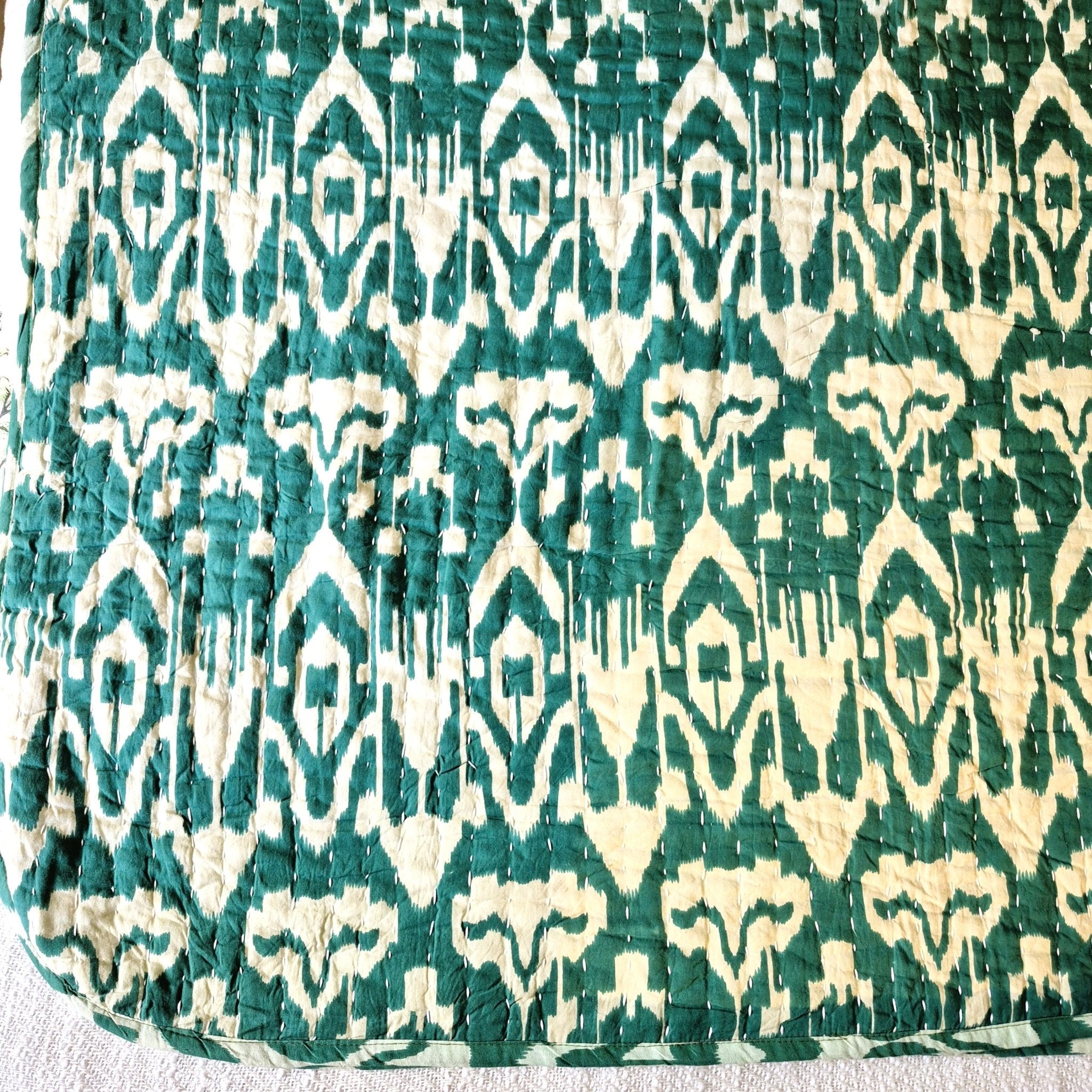 Ikat pattern kantha throw and bedspread, hand stitched cotton, 220 x 270 cm