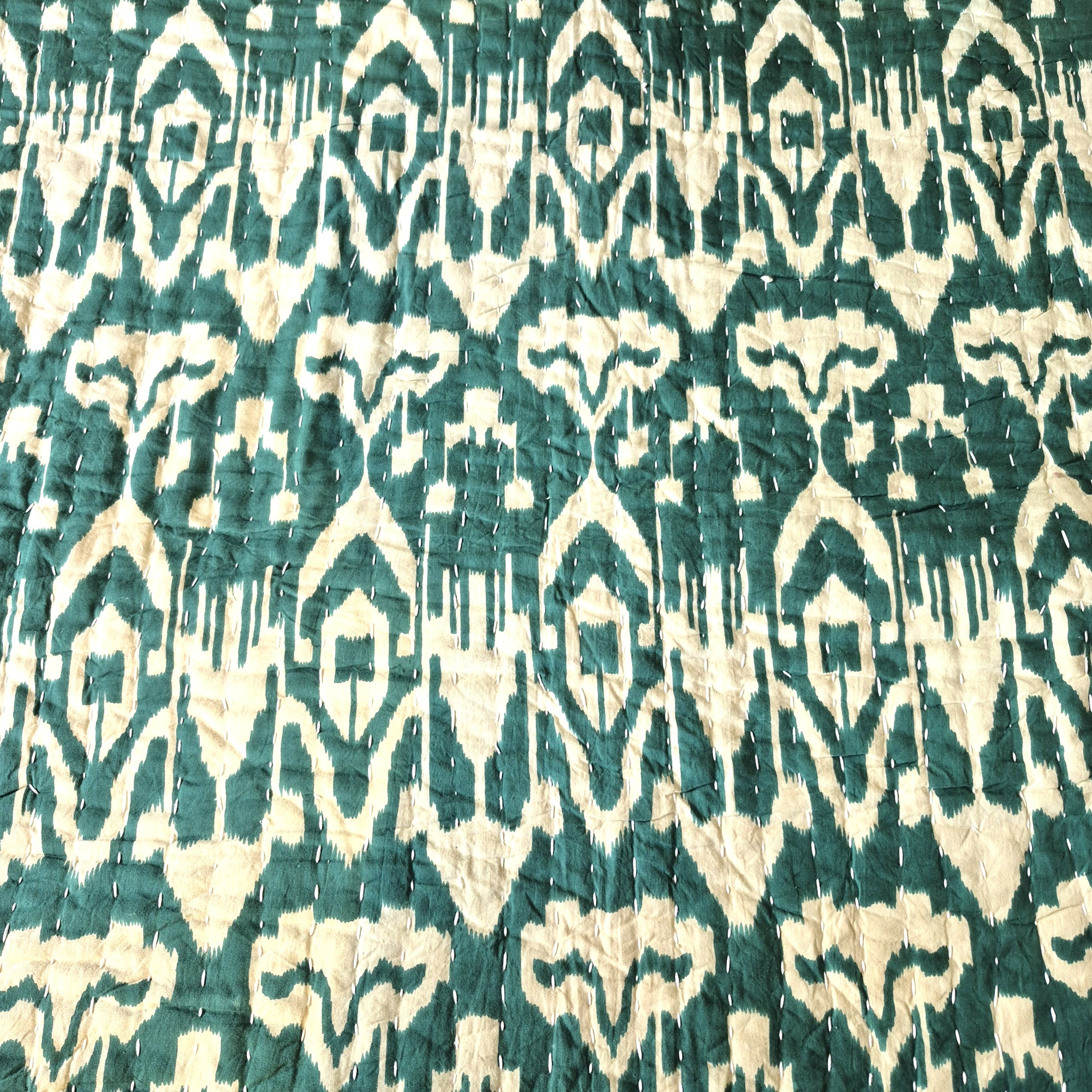 Ikat kantha bedspread, reversible hand stitched cotton, detail view