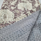 Mauve Indian Flower kantha bedspread, hand stitched cotton, detail view