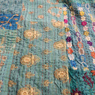 Blue kantha patchwork single quilt, floral cotton block prints hand stitched into a light quilt or throw, 150 by 225cm
