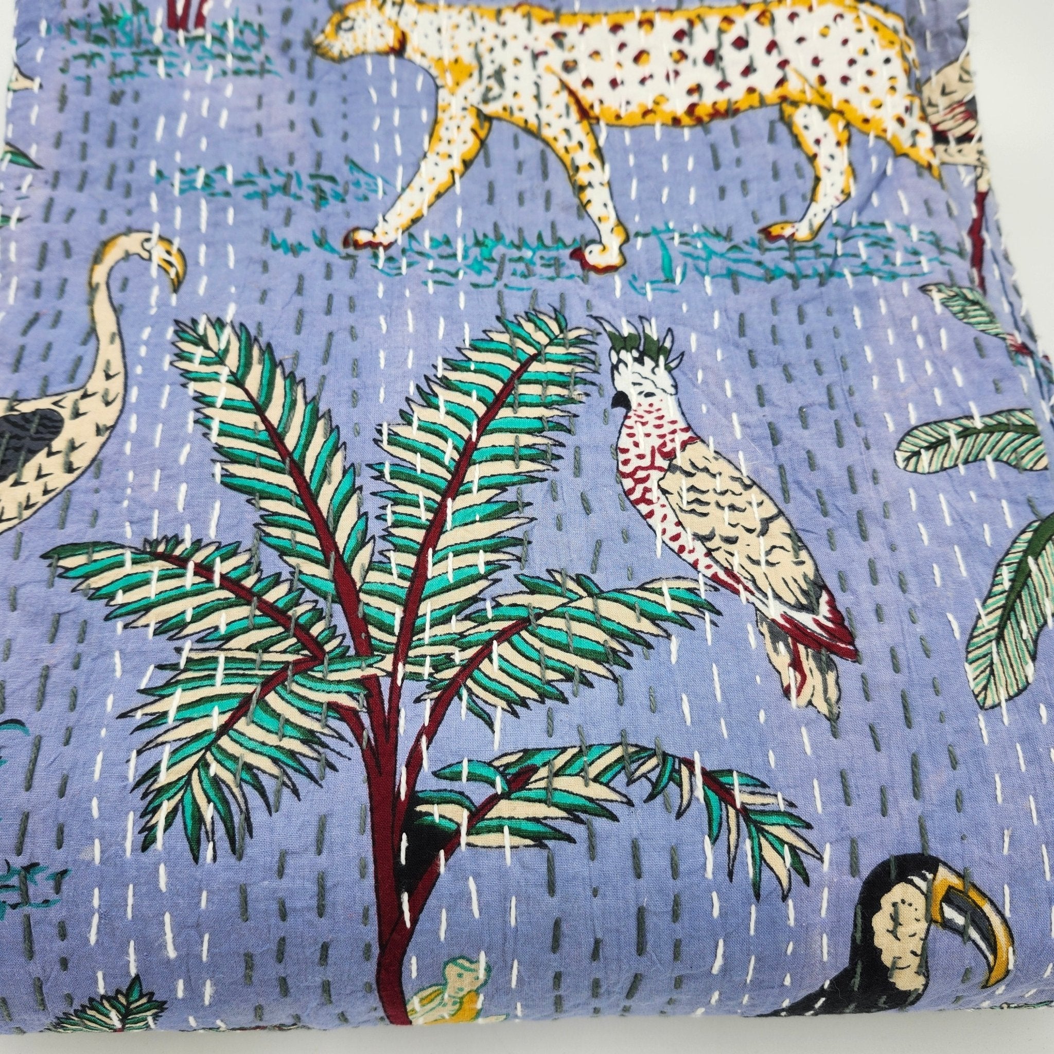 Safari print kantha bedspread, mauve, hand stitched cotton