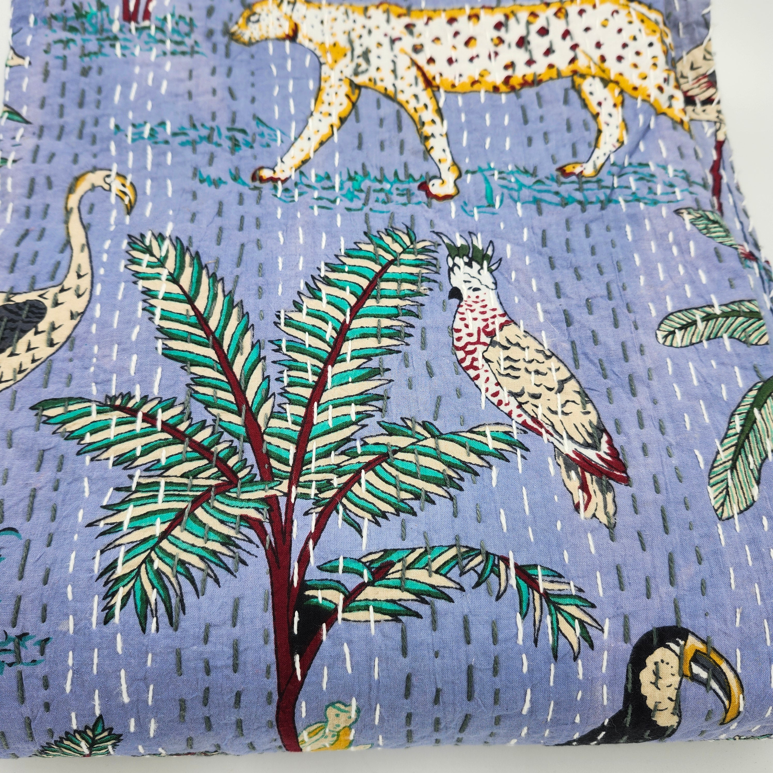 Safari print kantha bedspread, mauve, hand stitched cotton
