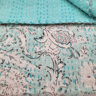 Indian Flower kantha throw and bedspread, turquoise, hand stitched cotton