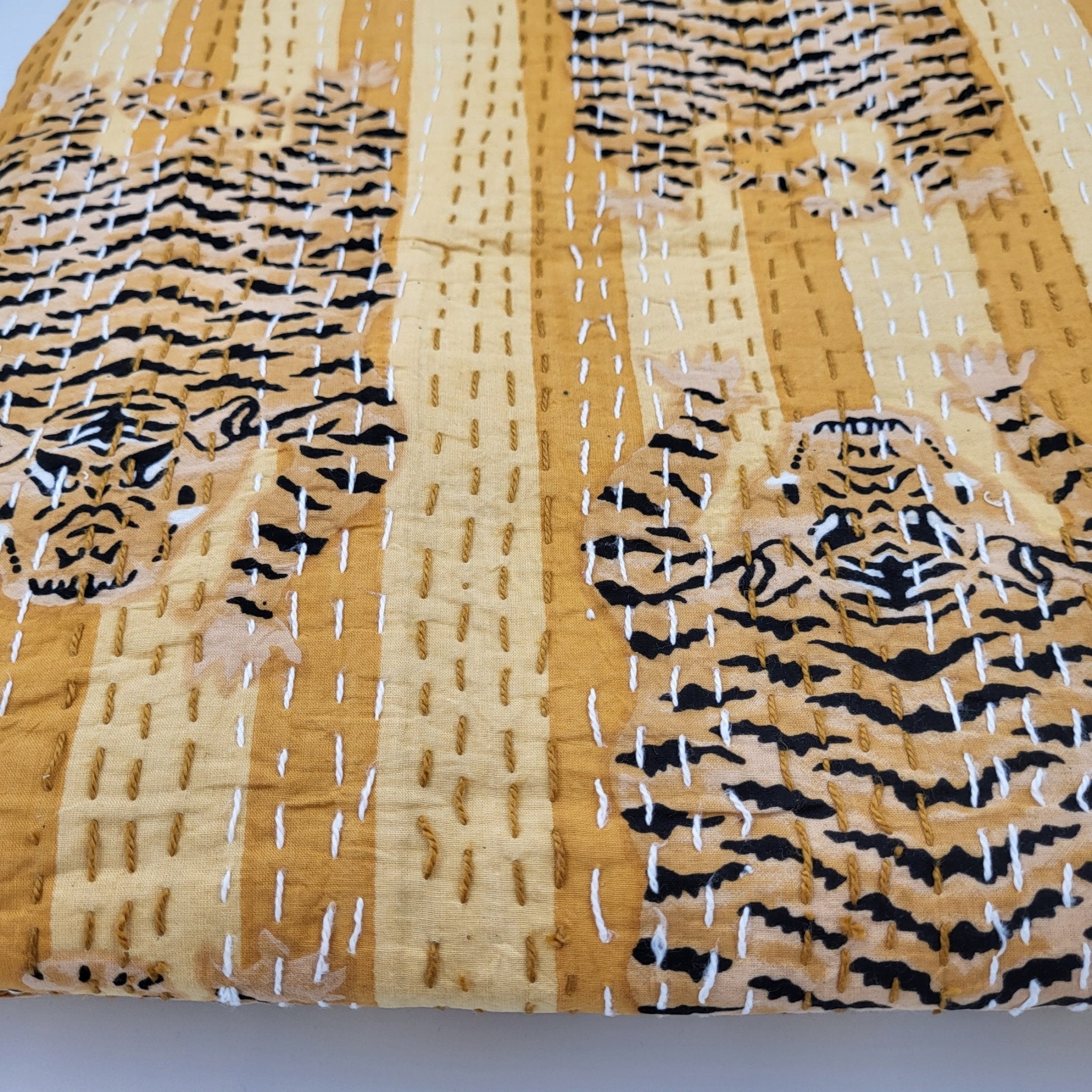 Yellow tiger print kantha bedspread, king size, hand stitched cotton