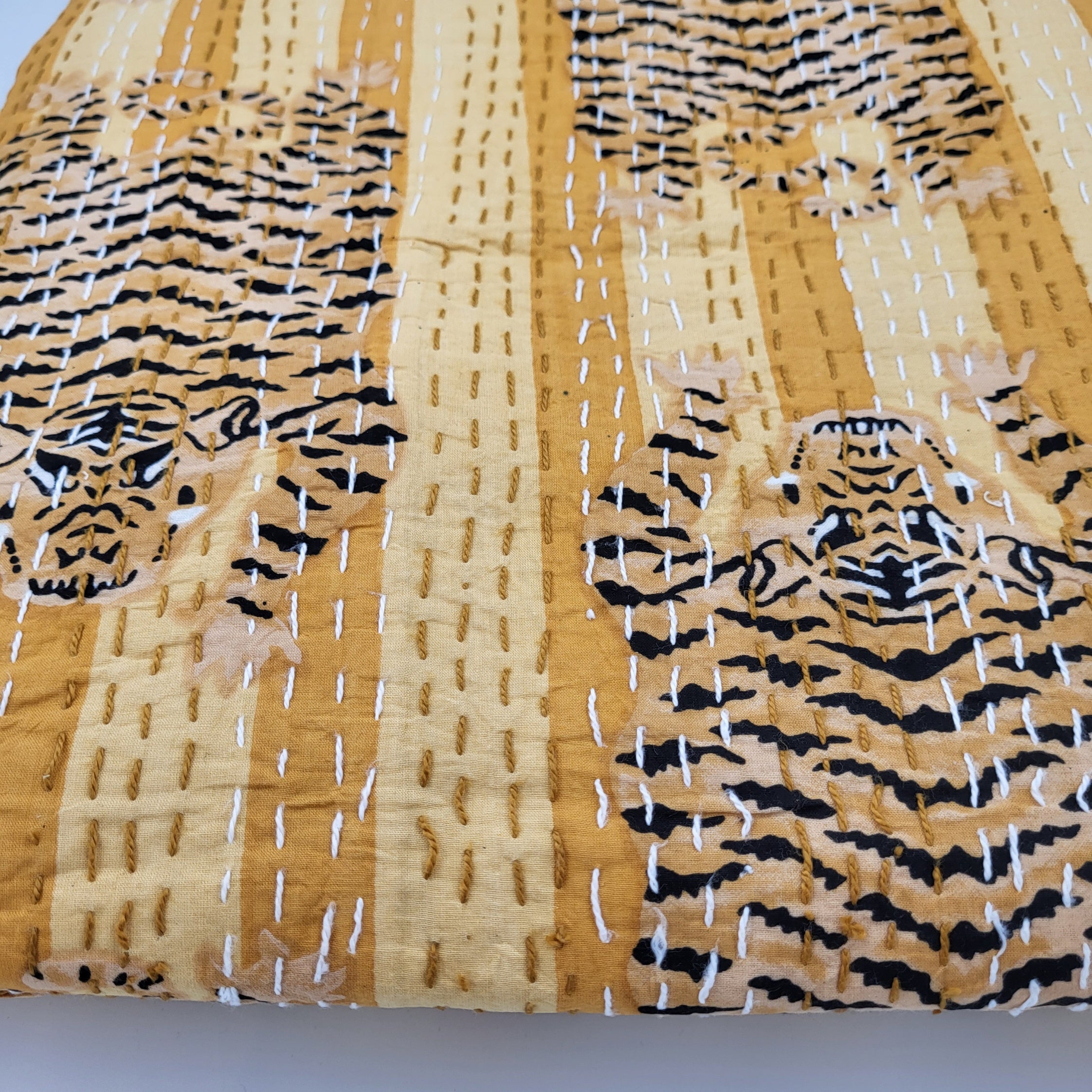 Yellow tiger print kantha bedspread, king size, hand stitched cotton