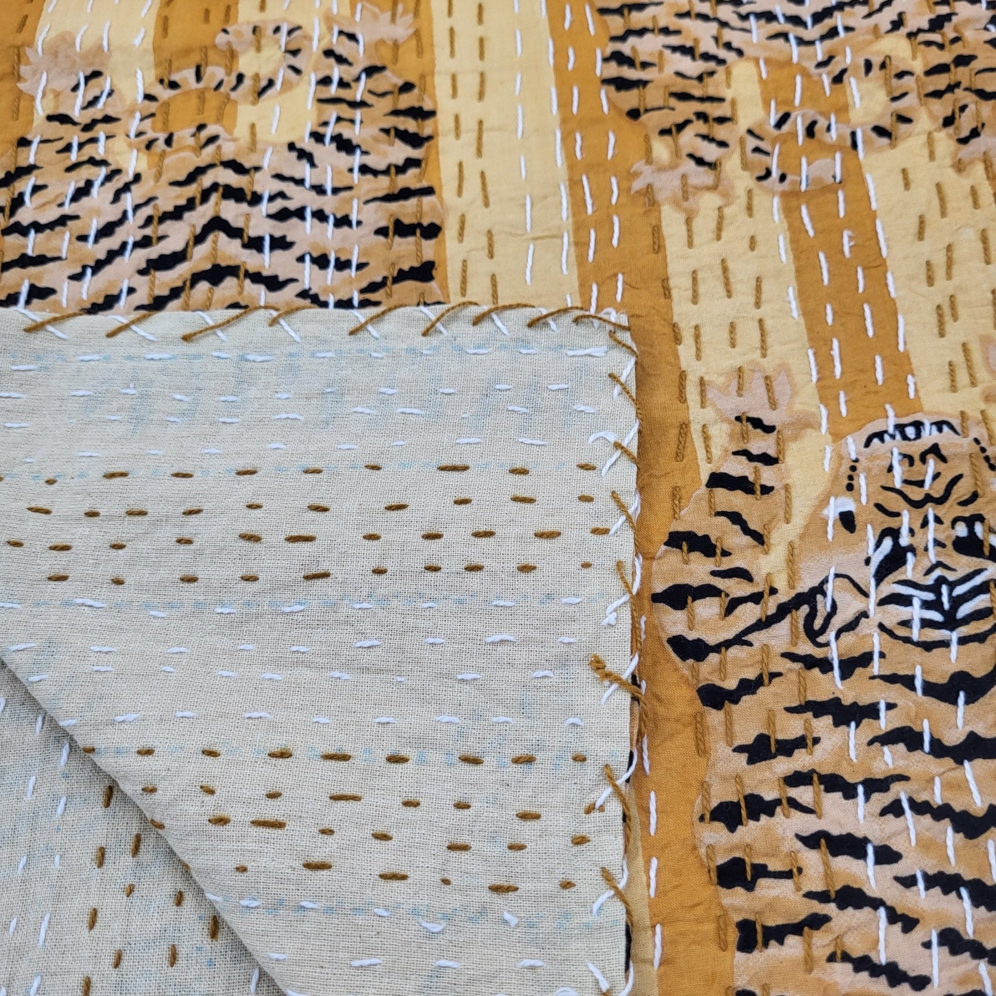 Tiger print kantha throw and bedspread, yellow, hand stitched cotton, 275 x 275 cm