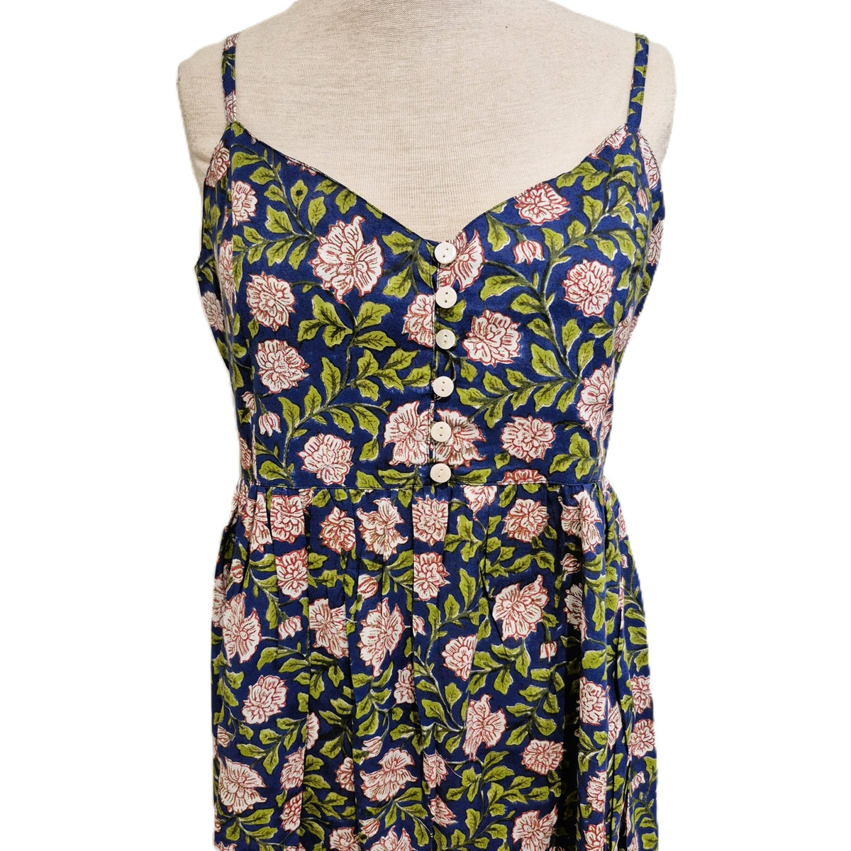 Kelly block print sundress in soft cambric cotton, size small, with an elasticated panel at the back