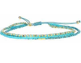 Valerie triple-strand Miyuki bead friendship bracelet in aqua and gold, 17 cm