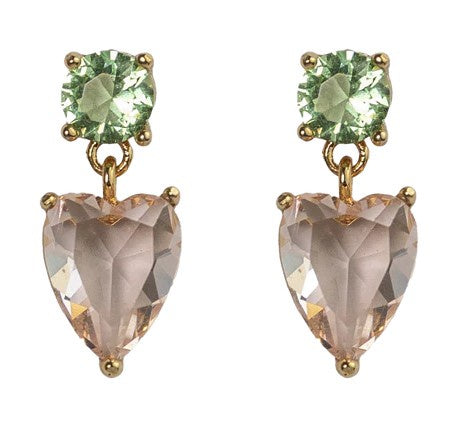 Kennedy gold-plated heart-shaped glass stone drop earrings in green and pink