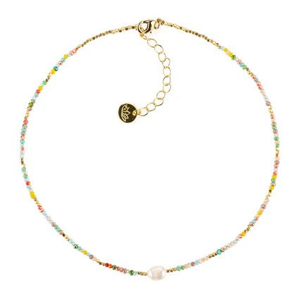 Claudia multi-coloured beaded necklace with pearl charm, 36 cm with 5 cm extension
