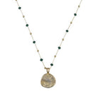 Penelope gold-plated green semi-precious bead necklace with hammered disc pendant, 41 cm