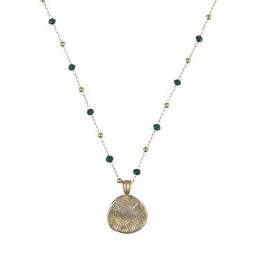 Penelope gold-plated green semi-precious bead necklace with hammered disc pendant, 41 cm
