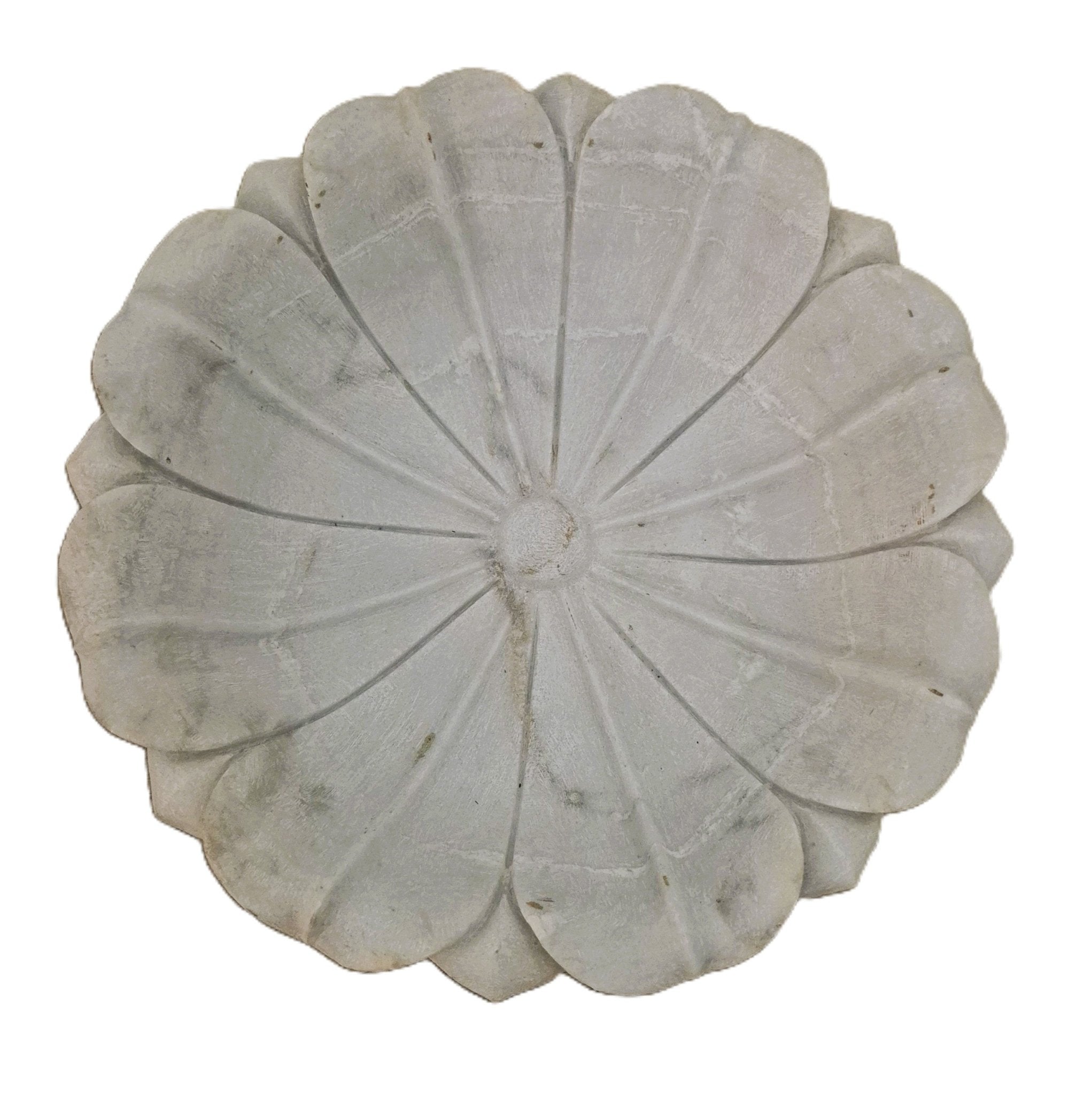 White marble bowl hand carved in a lotus design, 46 cm across and 15 cm high, wiped clean with a cloth