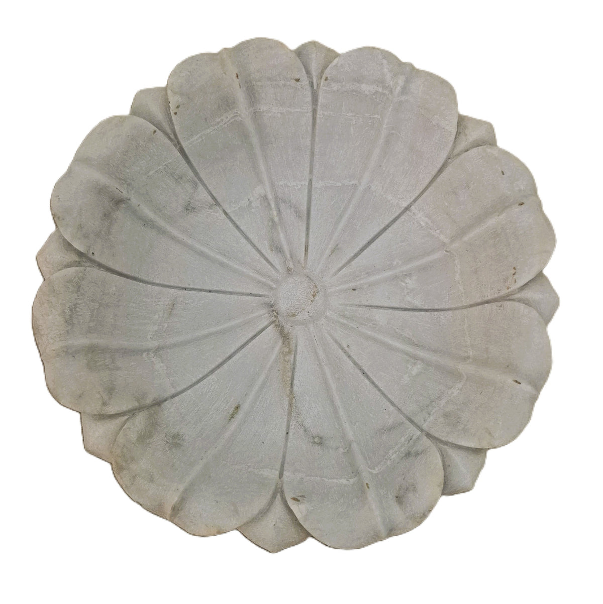 White marble bowl hand carved in a lotus design, 46 cm across and 15 cm high, wiped clean with a cloth