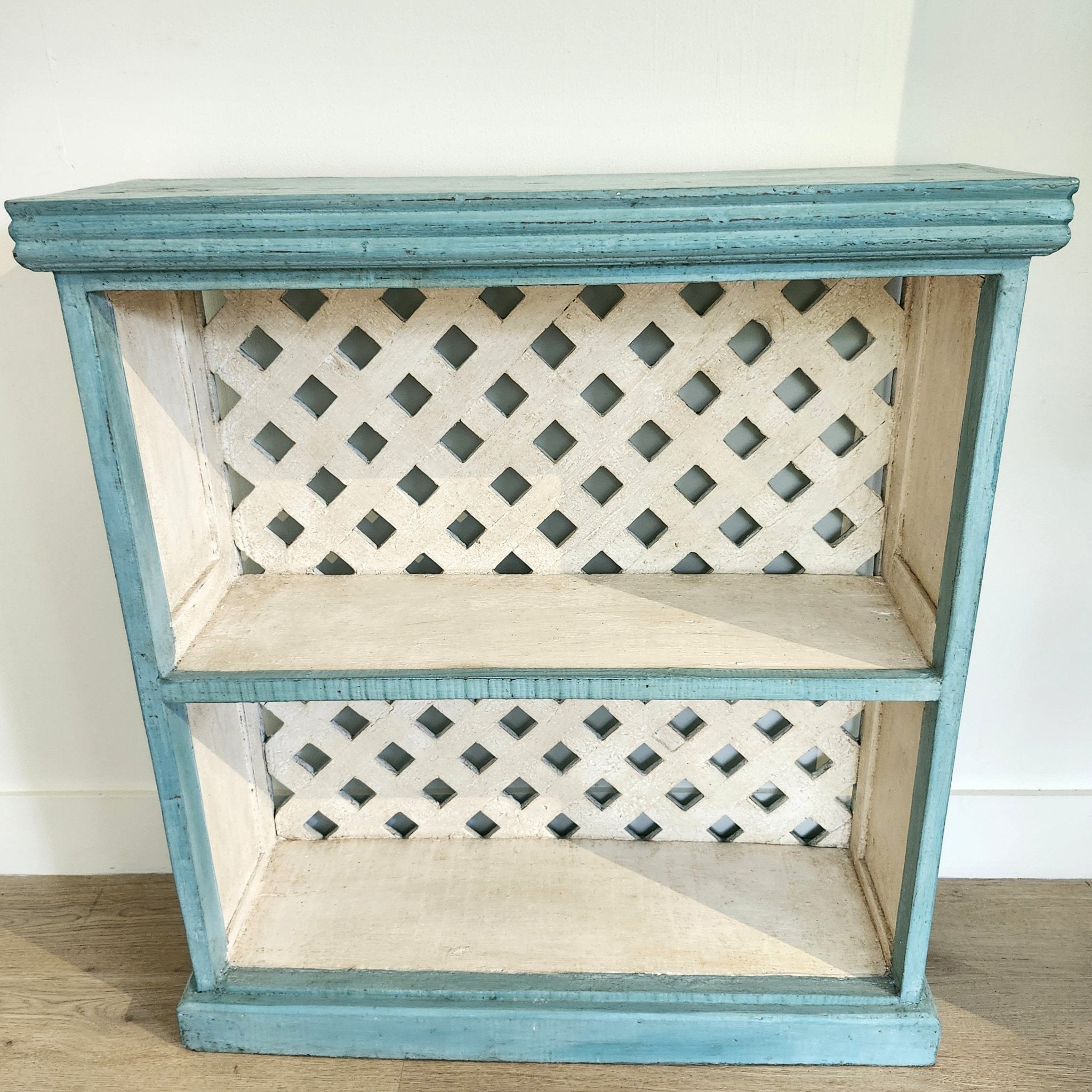 Painted aqua farmhouse shelves with white interior, vintage teak, 86 x 79 x 28 cm
