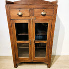 Small vintage teak glass-fronted cabinet with two drawers, brass handles, 127 x 74cm