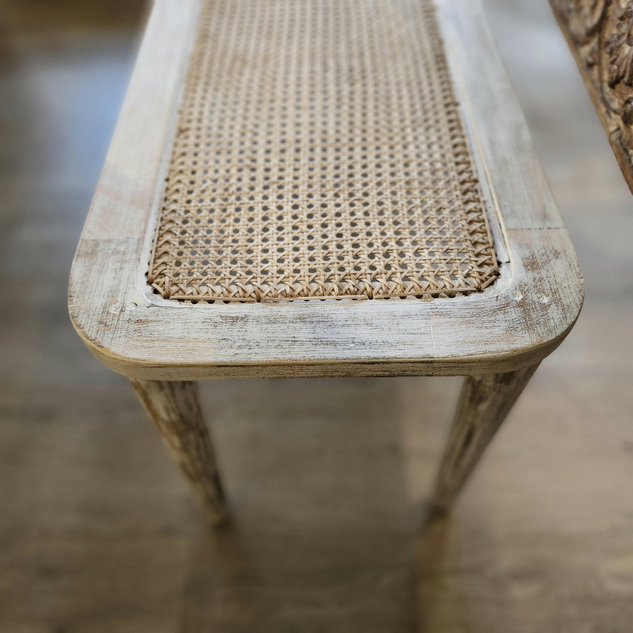 Cane-topped bench in limed mango wood with fluted legs