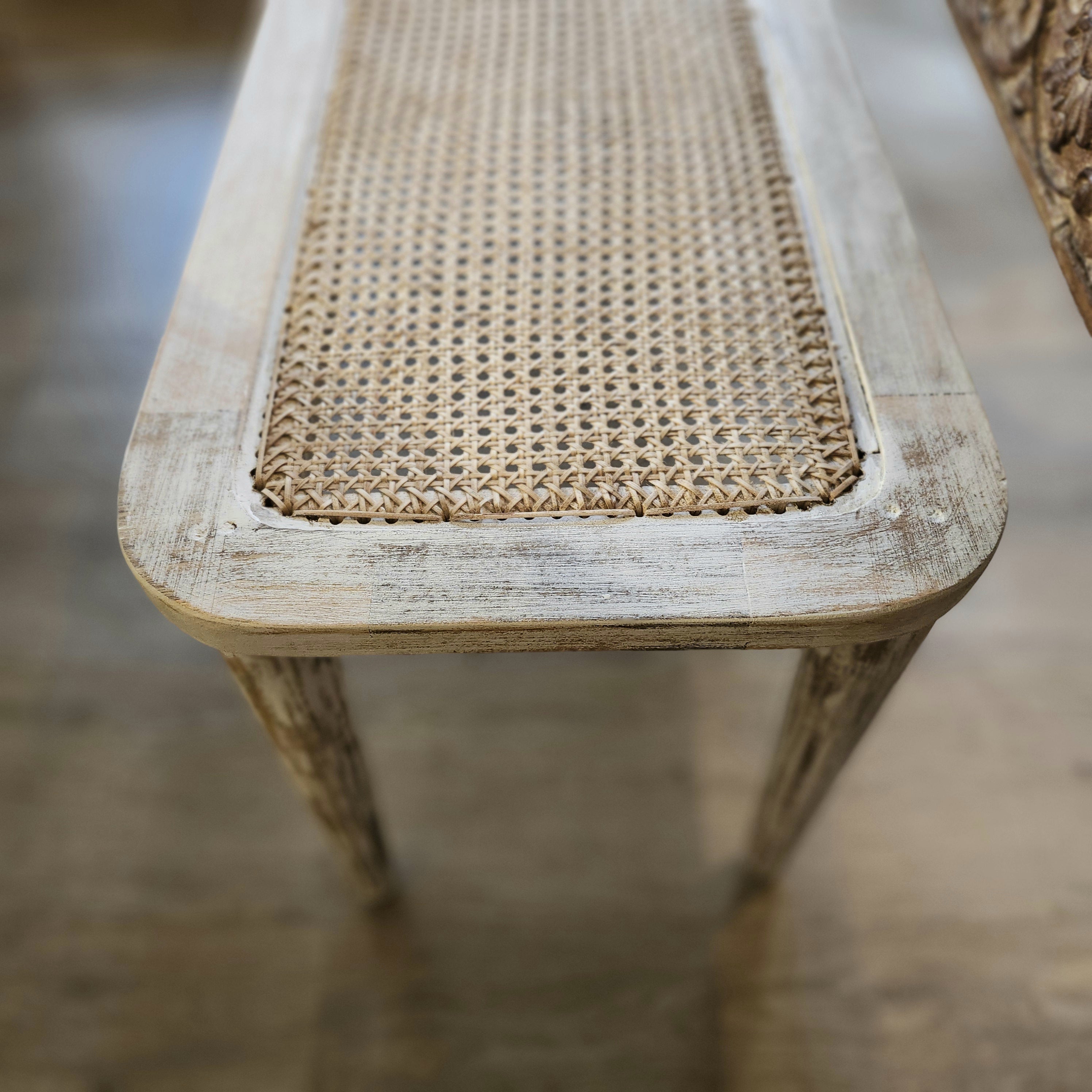 Cane-topped bench in limed mango wood with fluted legs
