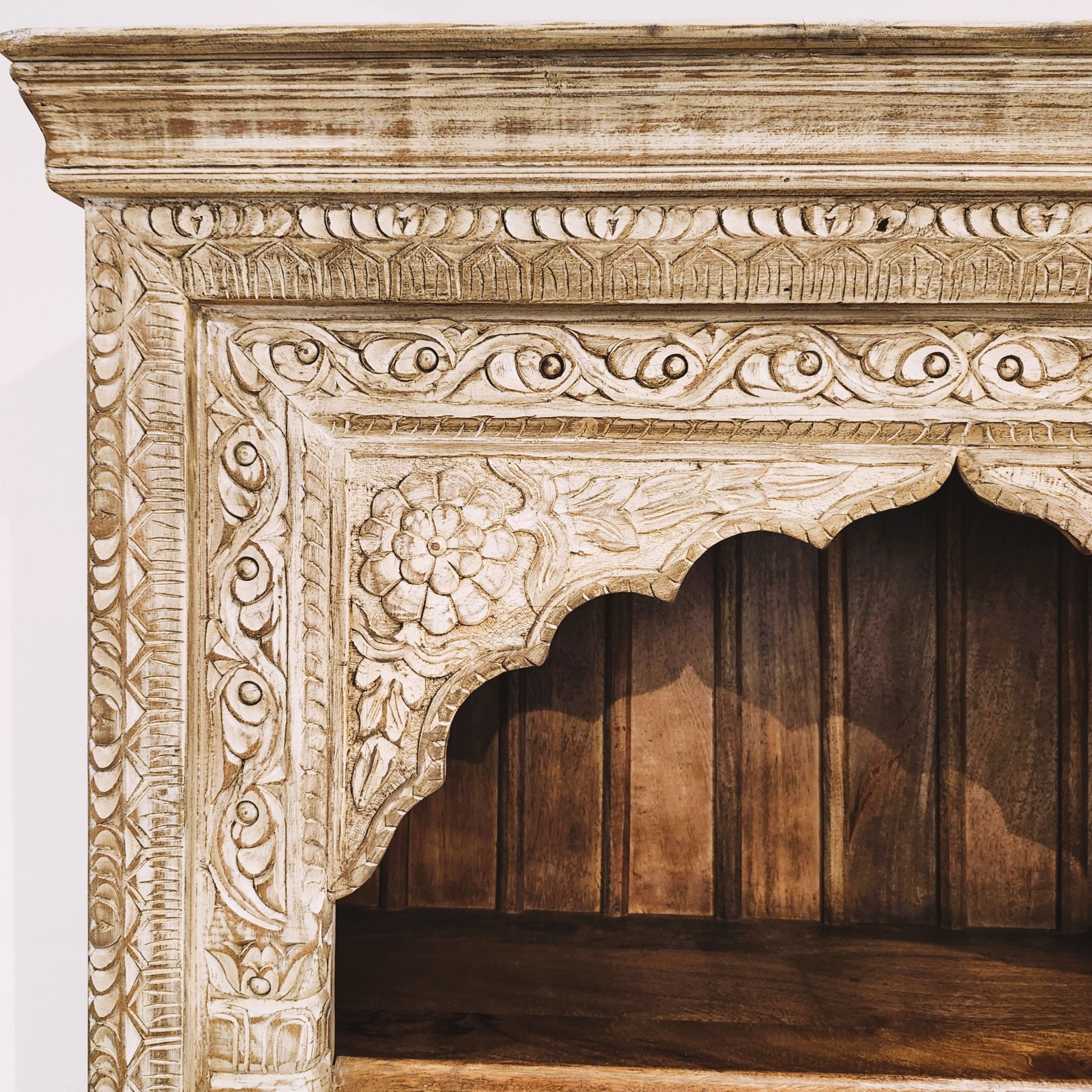 Teak bookcase with hand-carved Mughal front panel and four shelves