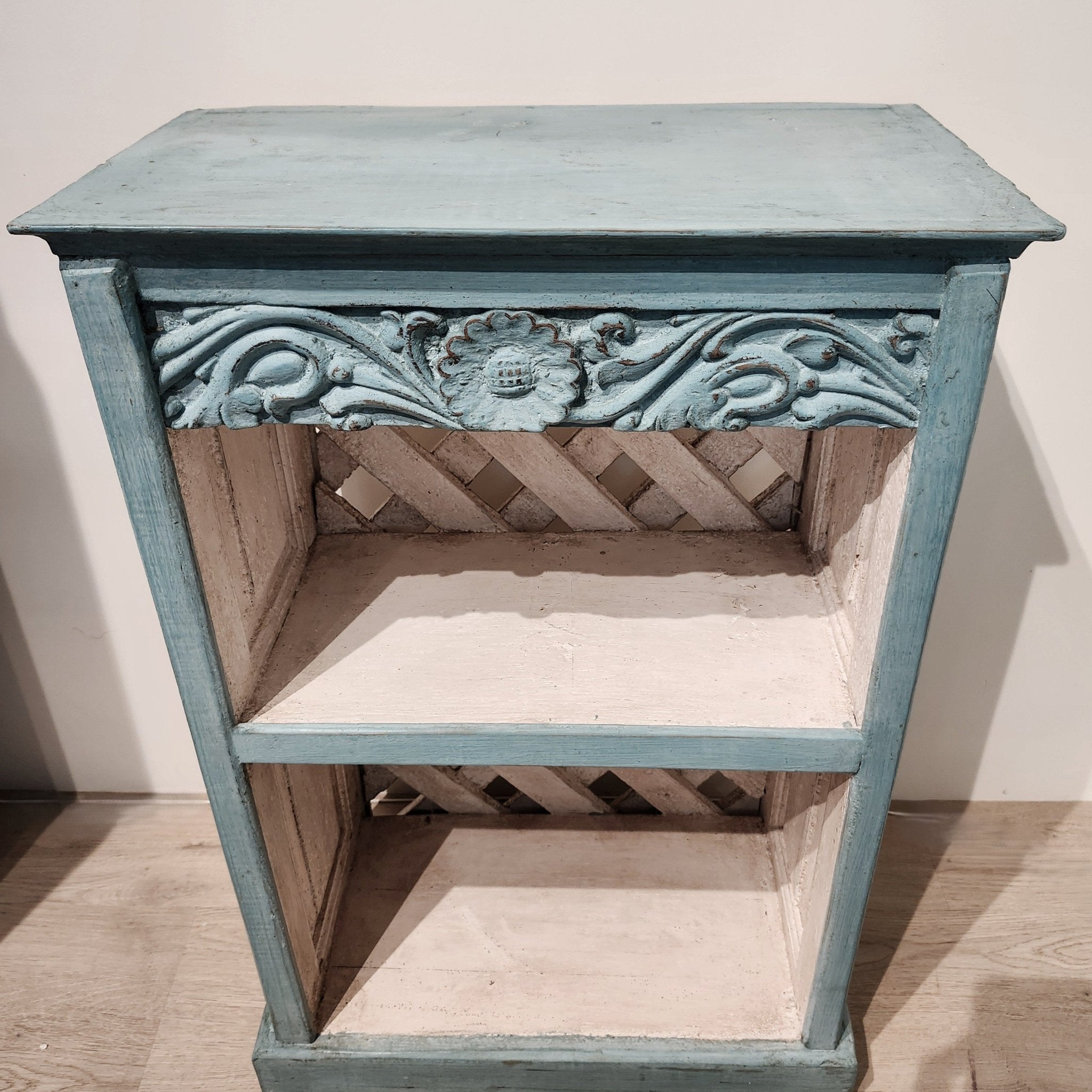 Painted aqua farmhouse shelves, small, white interior, vintage teak, 76 x 48 cm