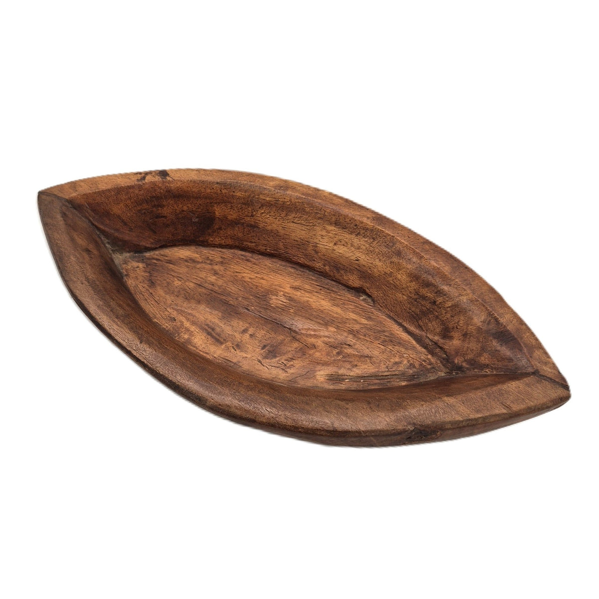 Almond shaped vintage teak platter, about 34 cm long, 18 cm wide and 5 cm high, wiped clean after use