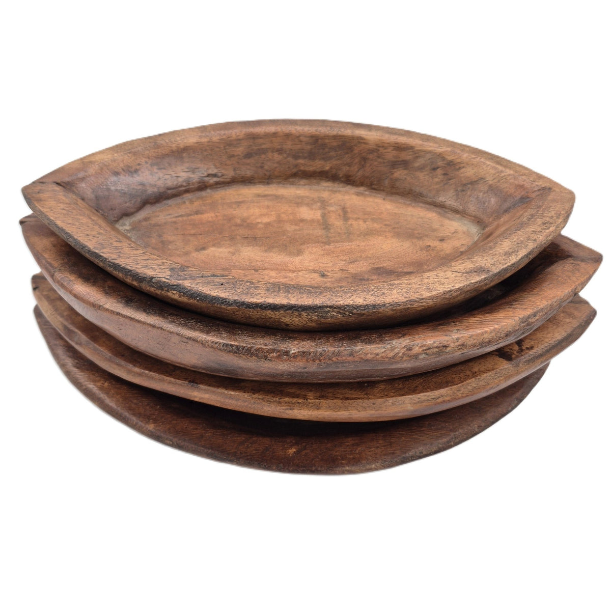 Teak serving platter with a shallow almond shaped well, about 5 cm high, wiped clean rather than washed