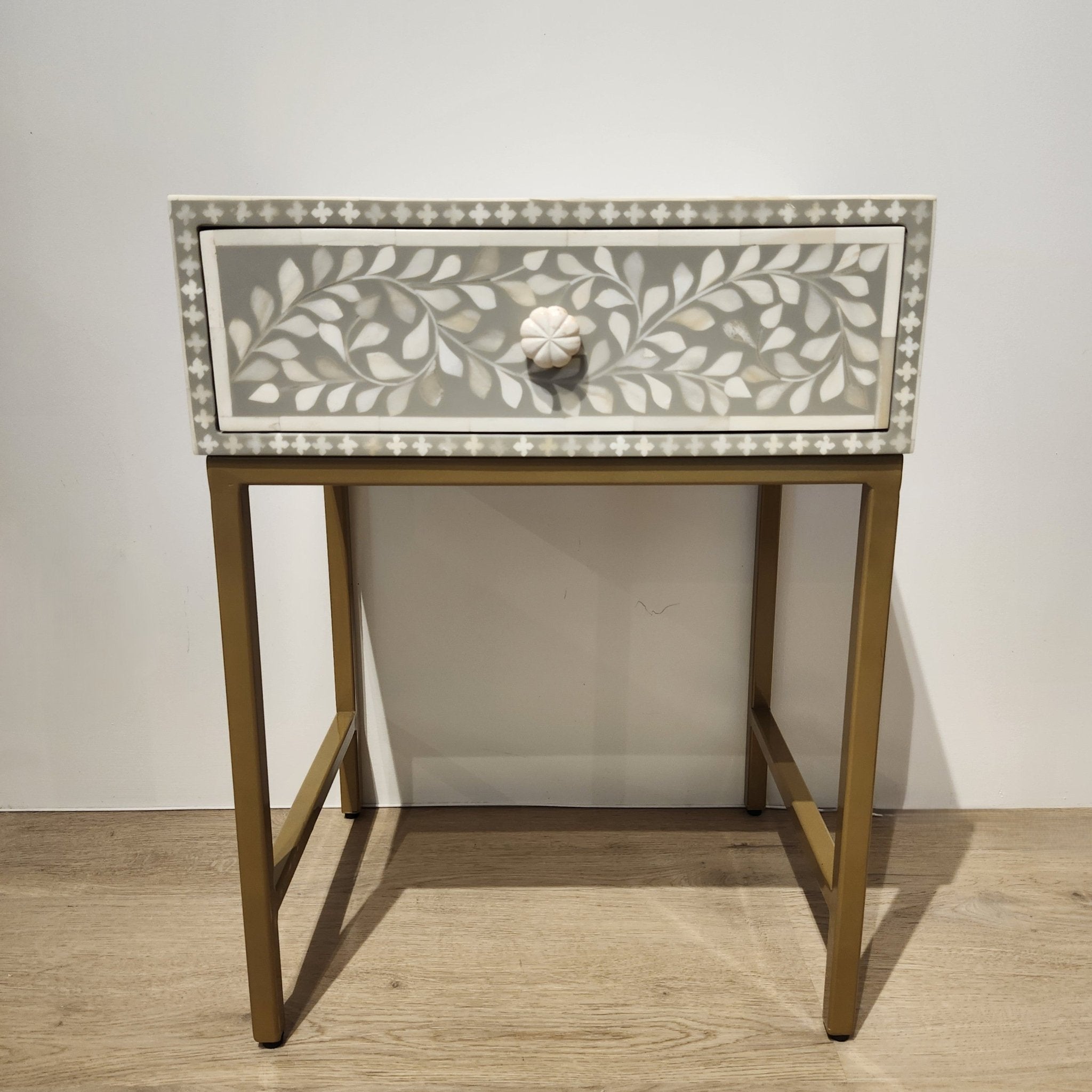 Taupe bone inlay bedside table with a drawer