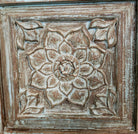Carved teak vintage panels, distressed finish, detail