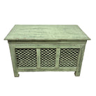Pistachio green painted teak trunk, 84 cm long and 59 cm high, usable as a bench, side or coffee table
