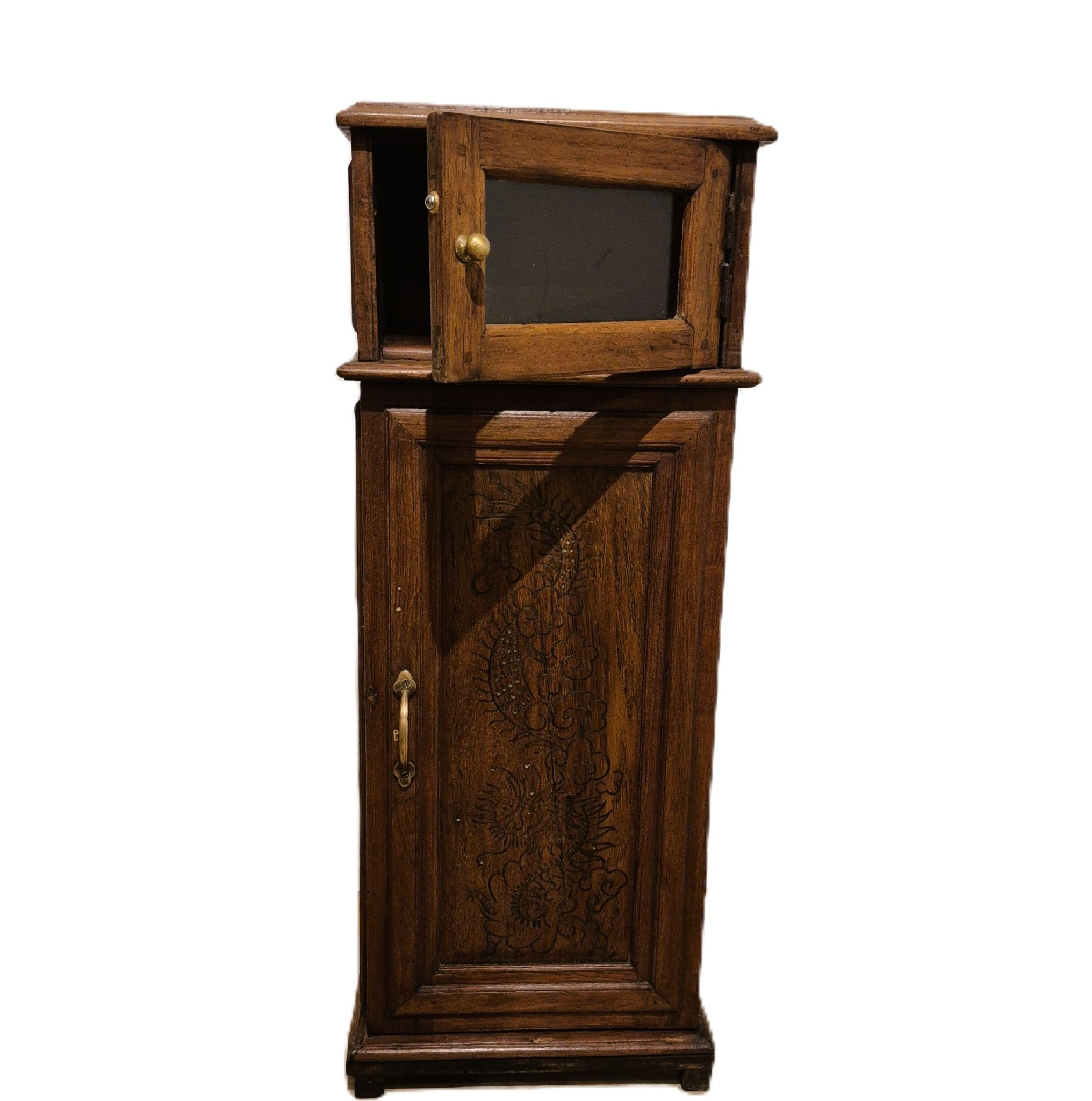 Teak bedside or hallway cabinet, 33 cm square, with a glazed upper section and a carved dragon motif