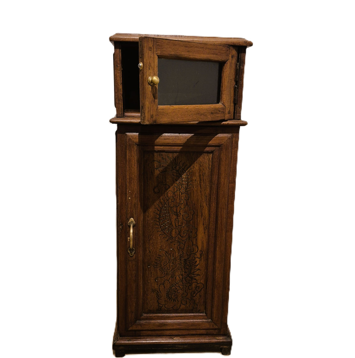 Teak bedside or hallway cabinet, 33 cm square, with a glazed upper section and a carved dragon motif