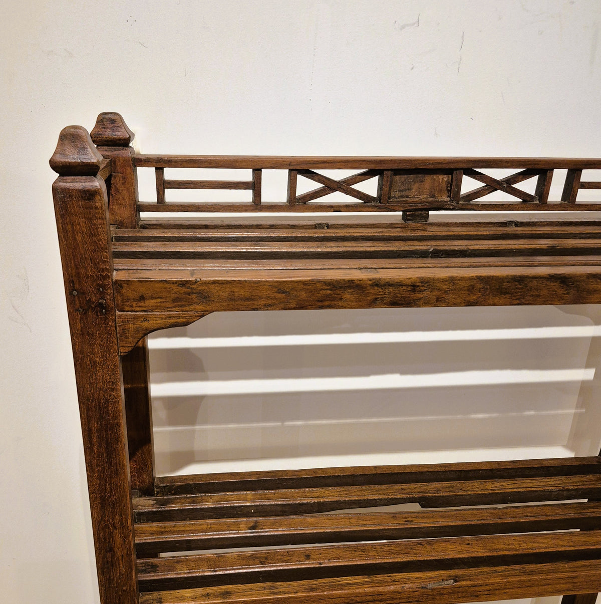Three shelf vintage teak bookcase just 29 cm deep, for books, folded throws, stacked plates or teacups
