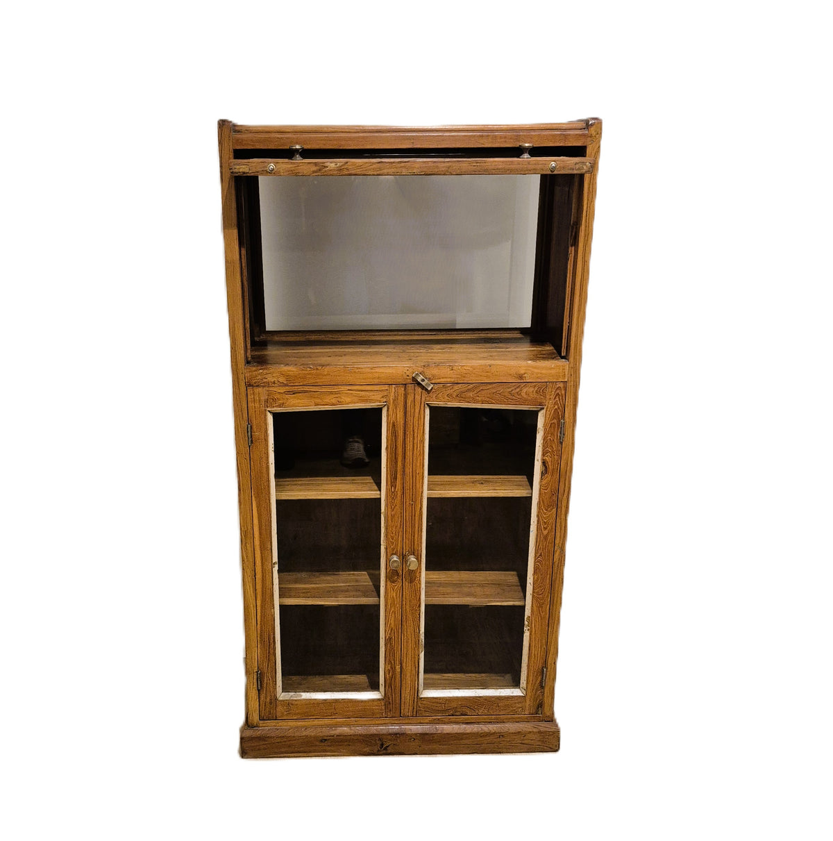 Small vintage teak drinks cabinet with glass fronted doors, 129 cm high and 65 cm wide, in natural wax