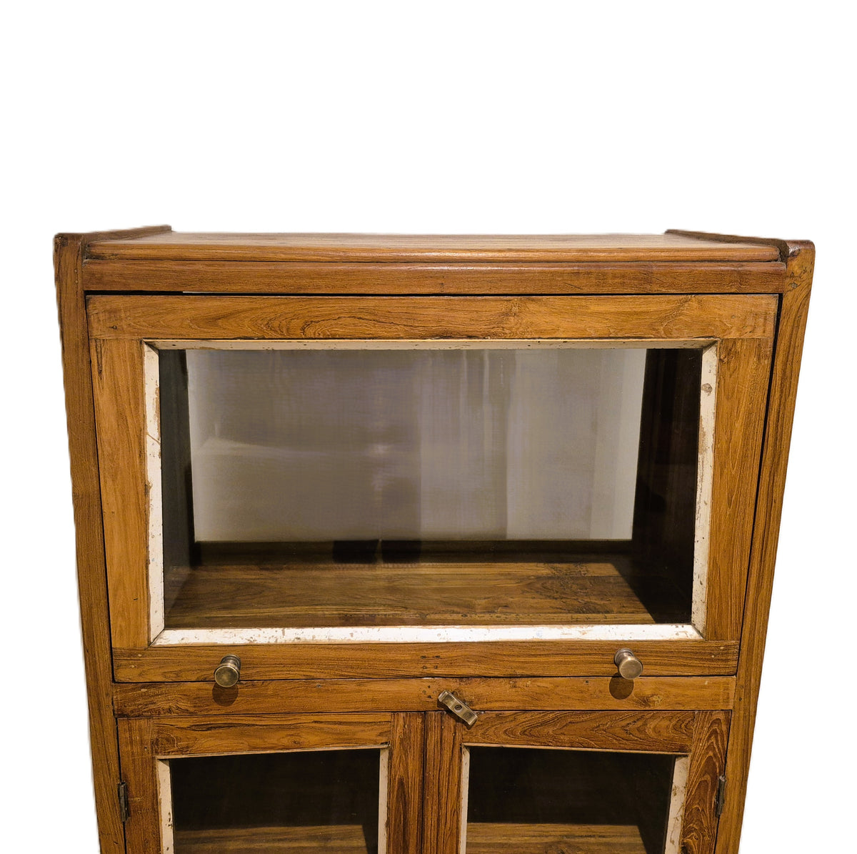 Glass fronted teak cabinet with two lower shelves for drinkware or tableware, 33 cm deep, from India