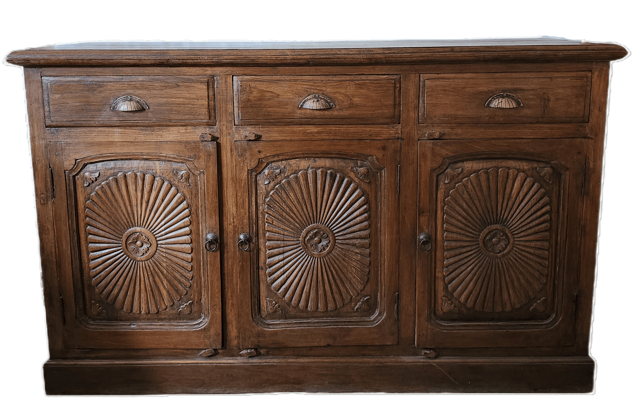Vintage teak sideboard, carved door detail