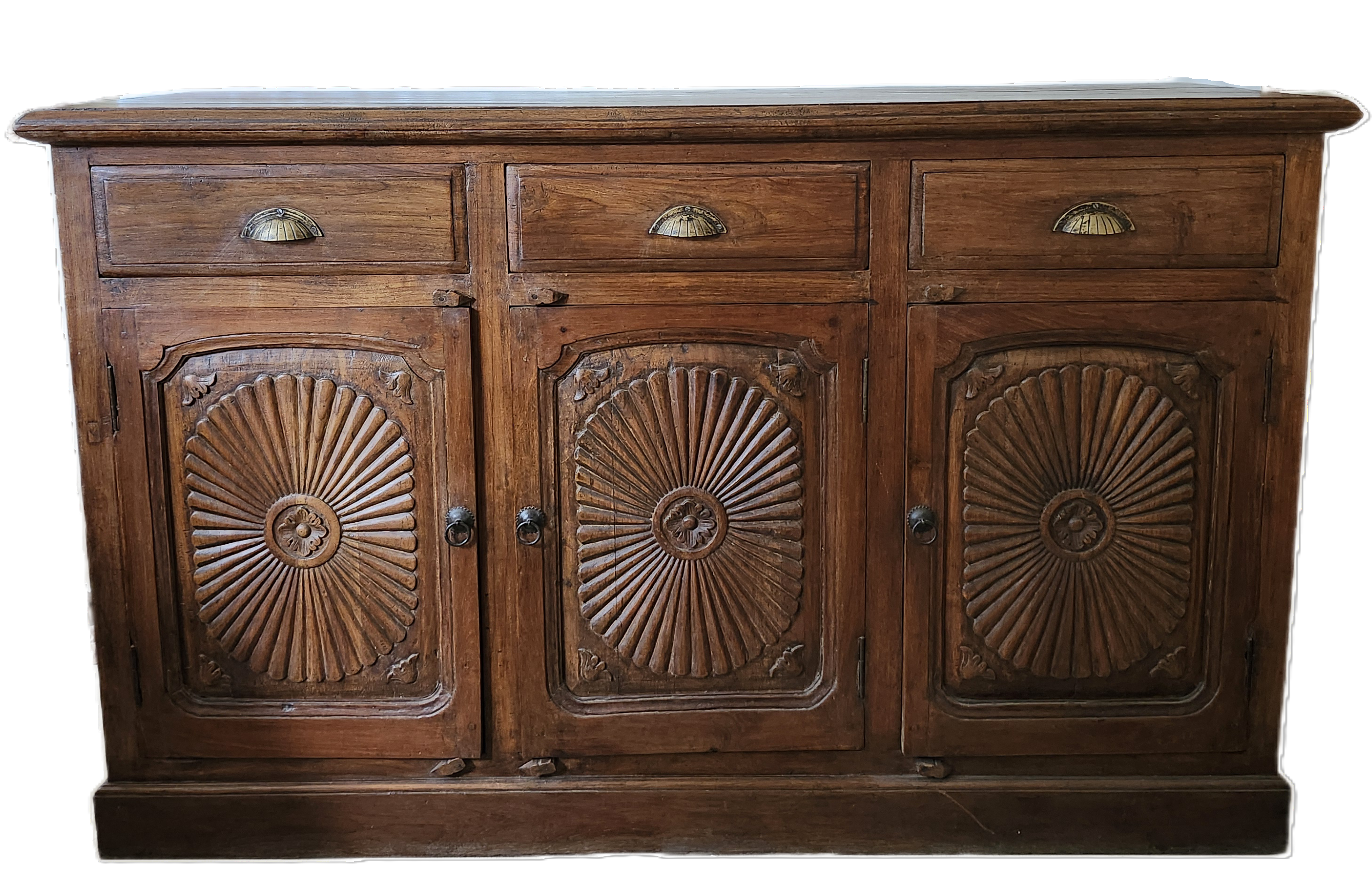 Vintage teak sideboard, carved door detail
