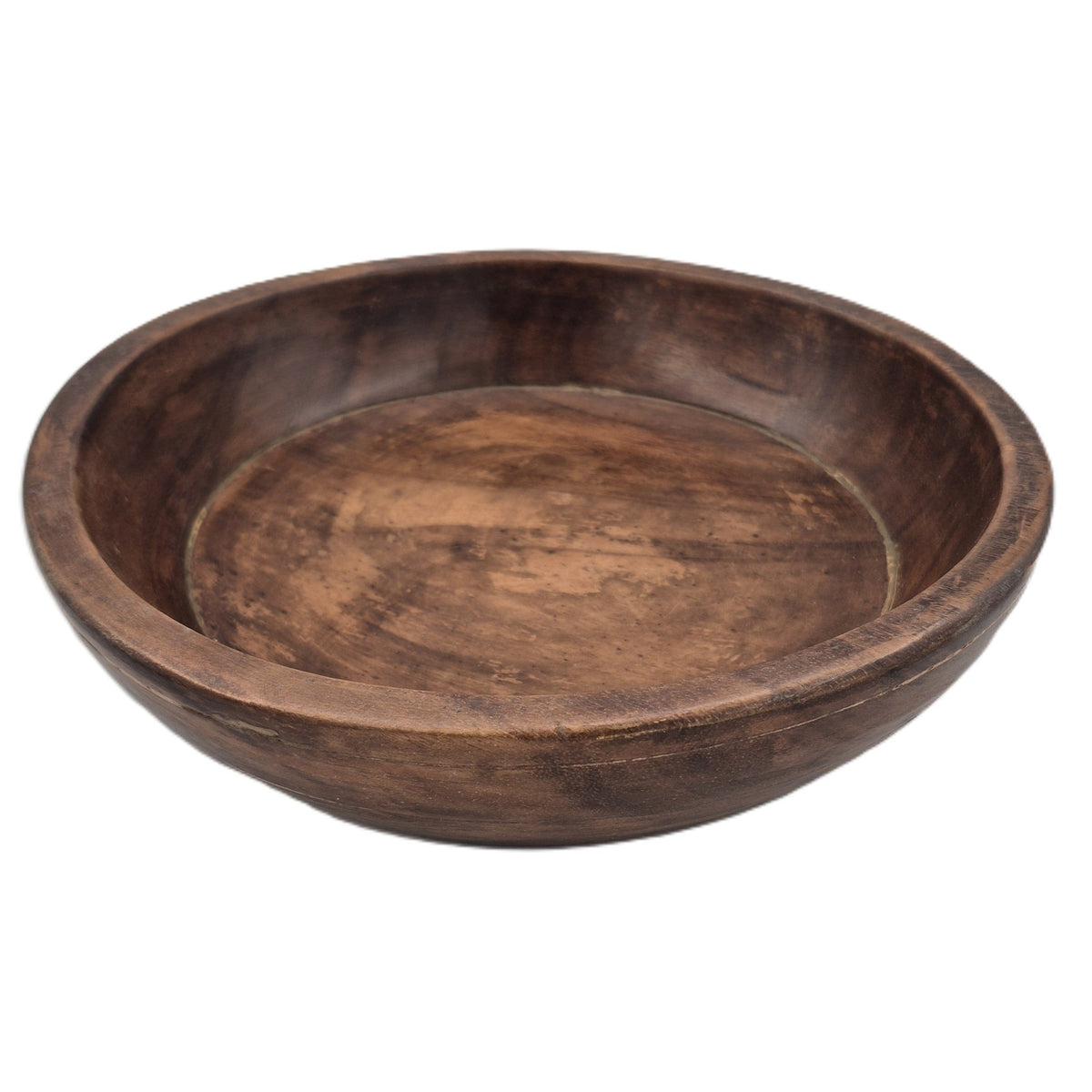 Small vintage teak bowl about 28 cm across and 6 cm high, once used for making Indian breads or chapatis