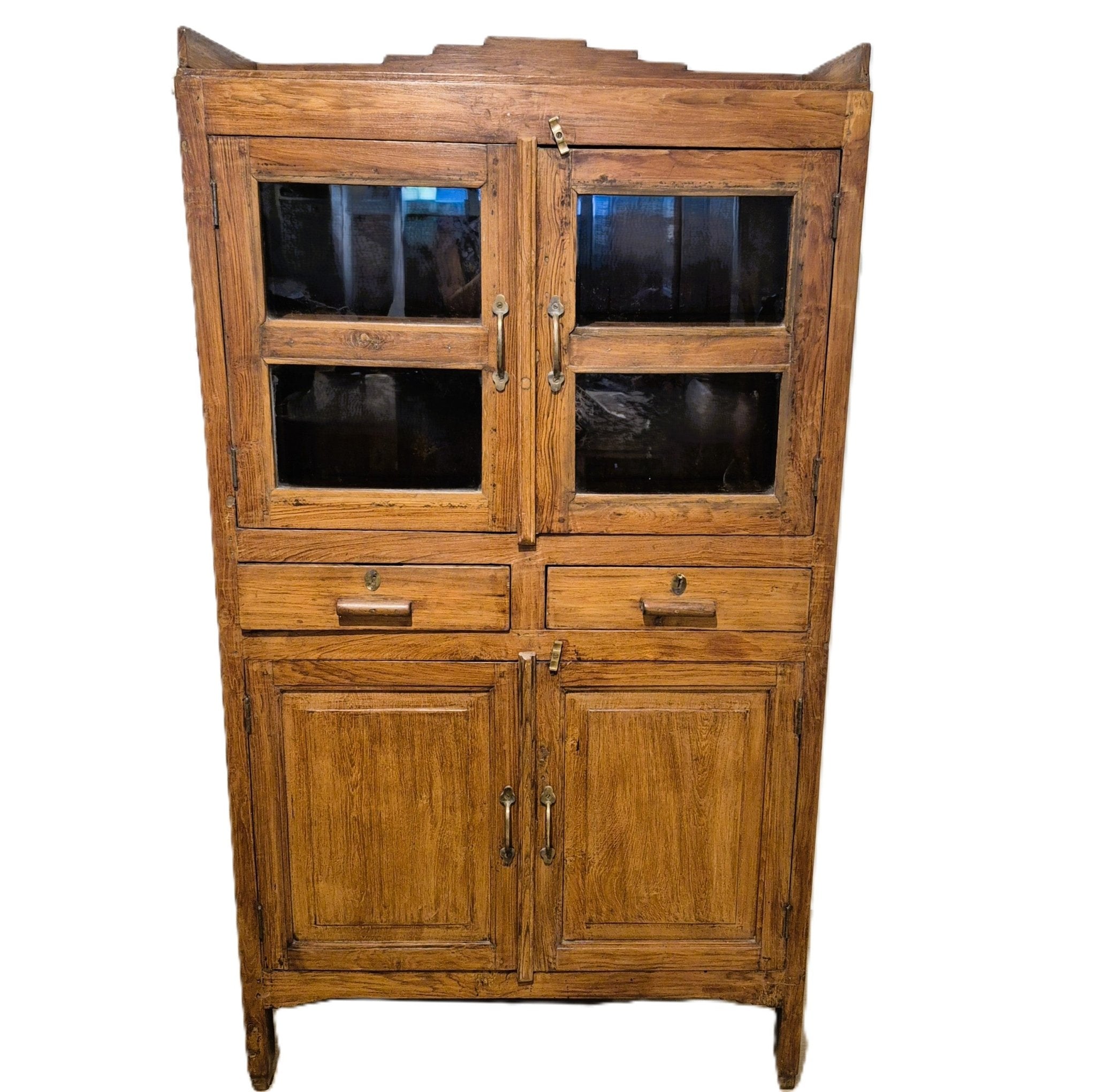 Vintage teak cabinet with two glazed doors, two wooden doors and two drawers between them, 155 cm high