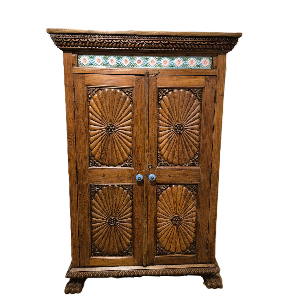 Vintage teak cabinet with two sunburst carved doors and a line of tiles along the top, 158 cm in height