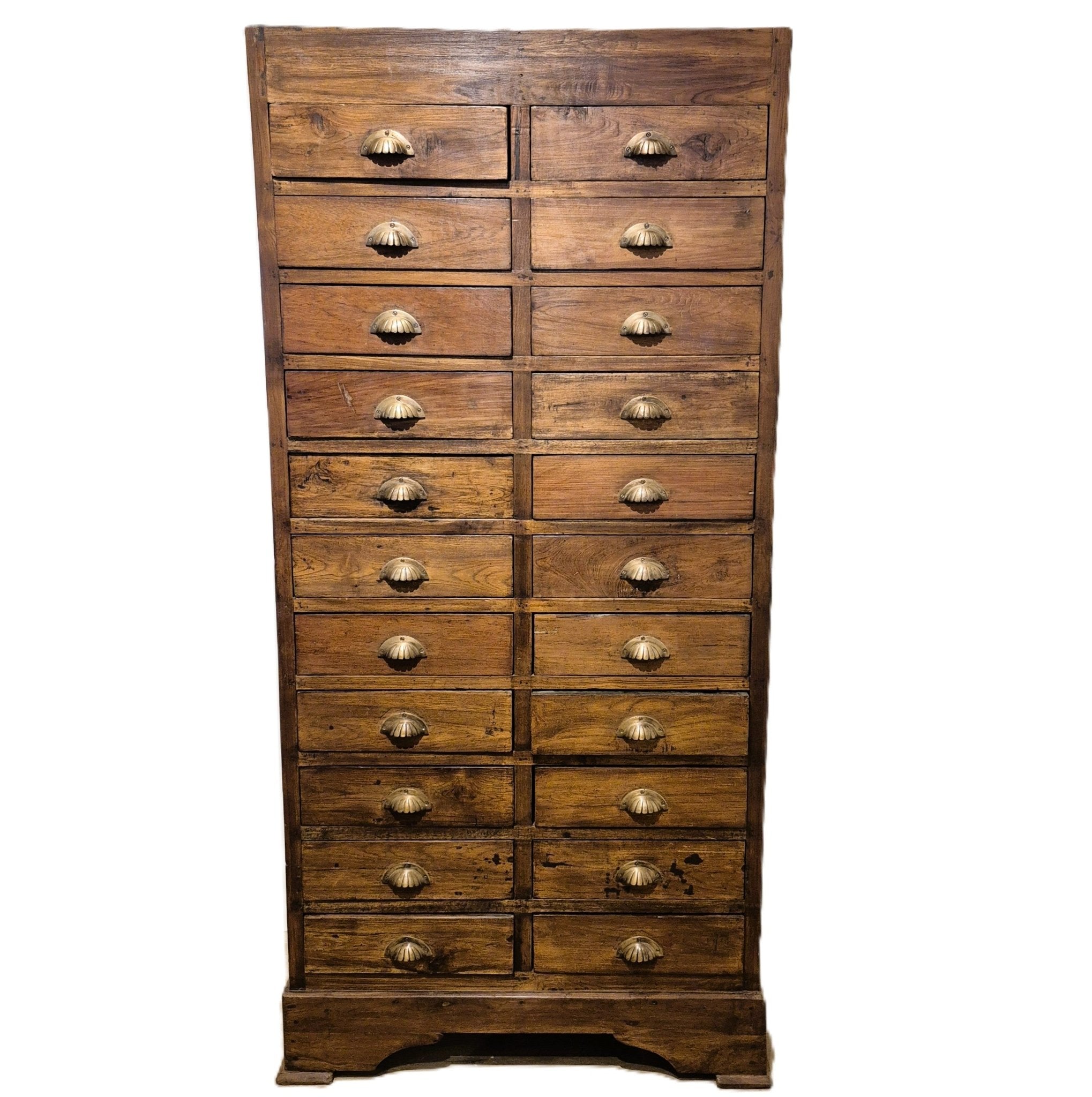 Vintage teak chest with twenty two drawers, each with a brass handle, 180 cm high and 84 cm wide, India