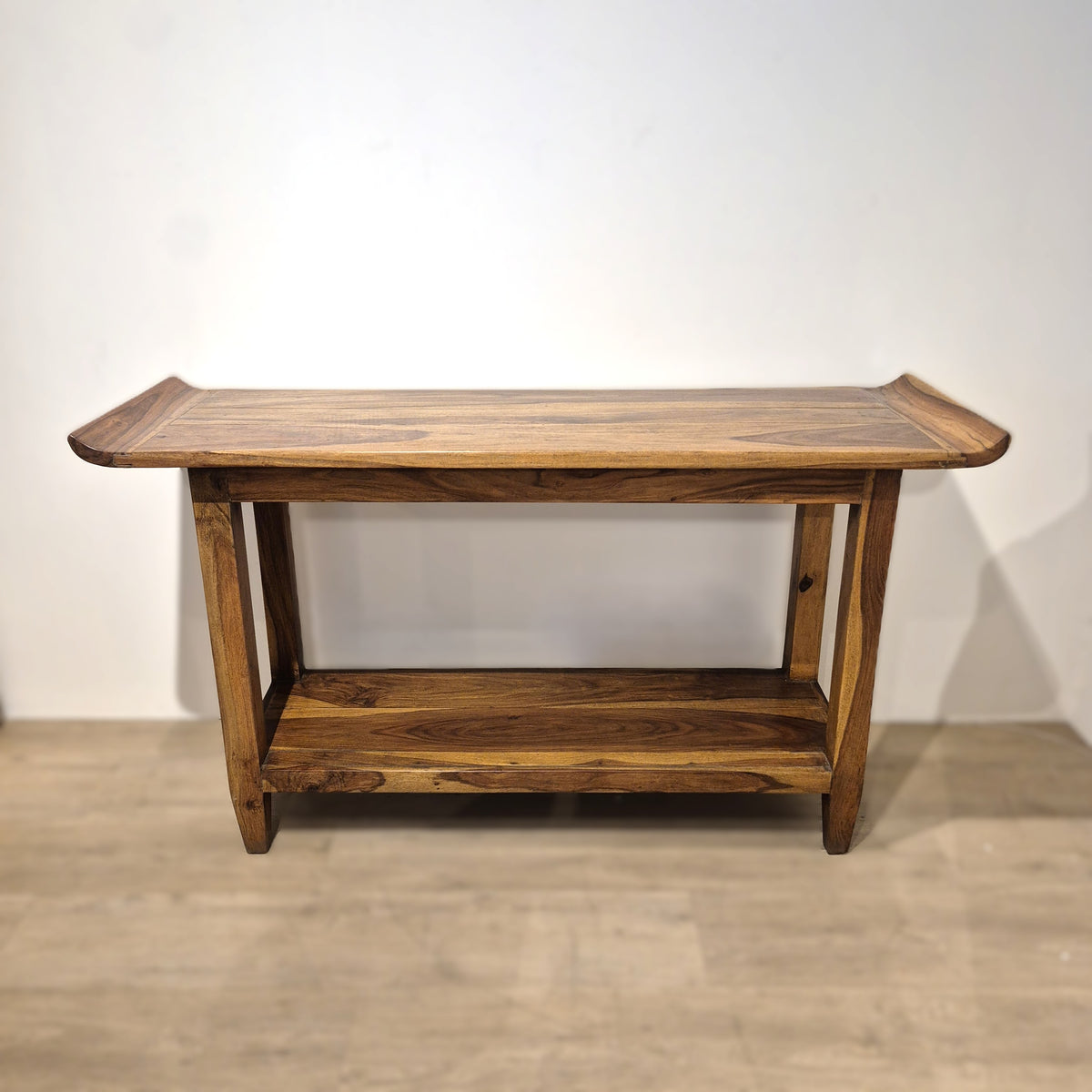 Teak console table with a useful shelf at the bottom, 84 cm high and 52 cm deep, hand crafted in India