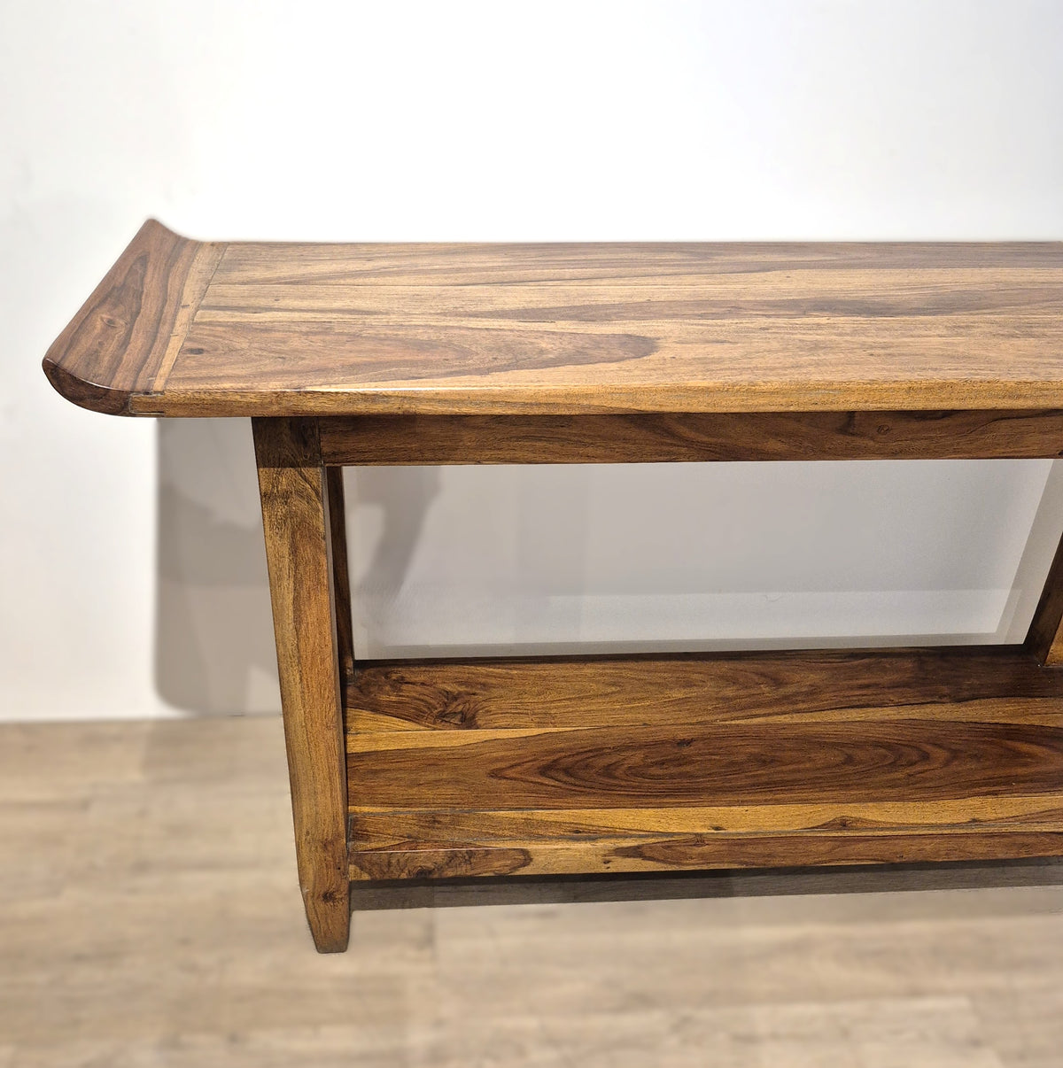 Large vintage teak console table in a natural finish, 154 cm long by 52 cm deep and 84 cm high, India