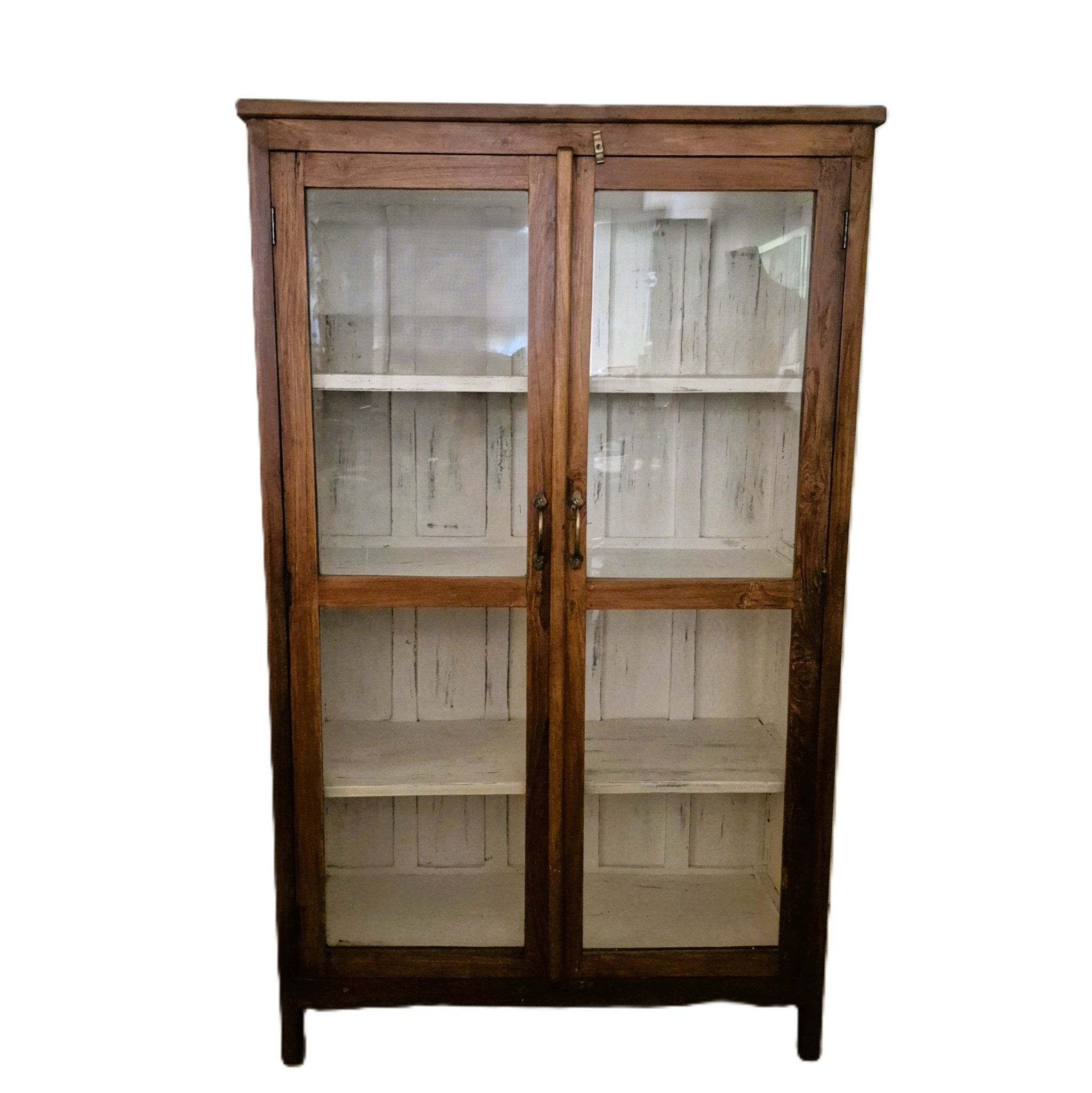 Glass fronted teak cabinet finished in natural wax, with a lightly whitewashed interior, 39 cm in depth